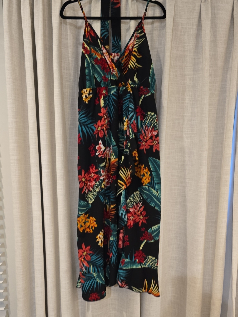 Tropical Floral Maxi Dress - Black with Teal & Red Floral Print